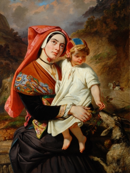 eugene-francois-maire-joseph-deveria-1805-1865-young-woman-of-the-valley-of-ossau-with-her-child-the-bowes-museum